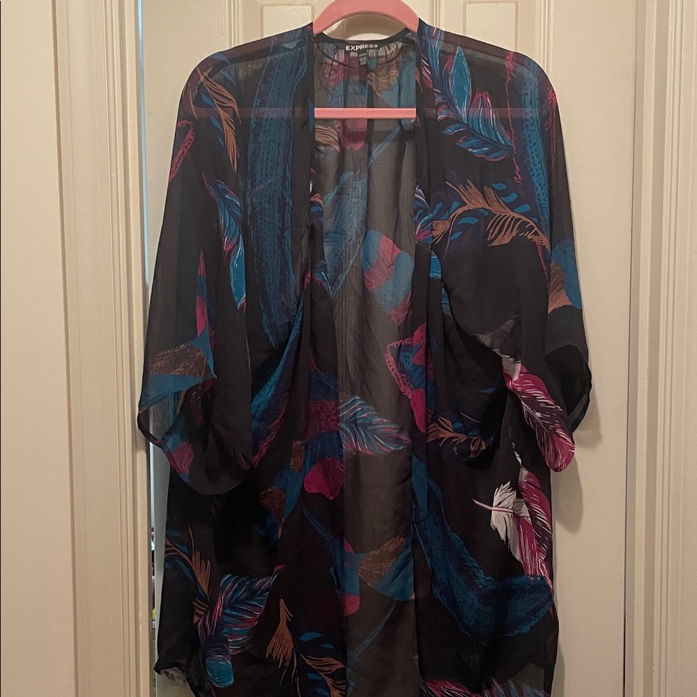 Sheer Black Kimono with Colorful Feather Print